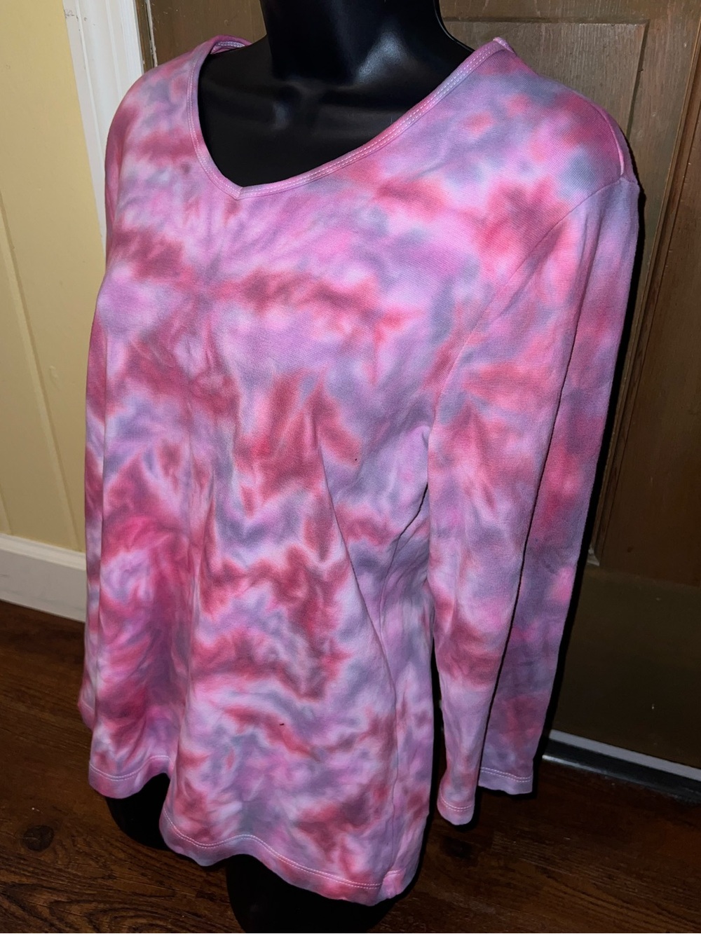 Pink Tie-Dye V-Neck Psychedelic Festival Stretch Long Sleeve Cotton Top Size M - Picture 3 of 8